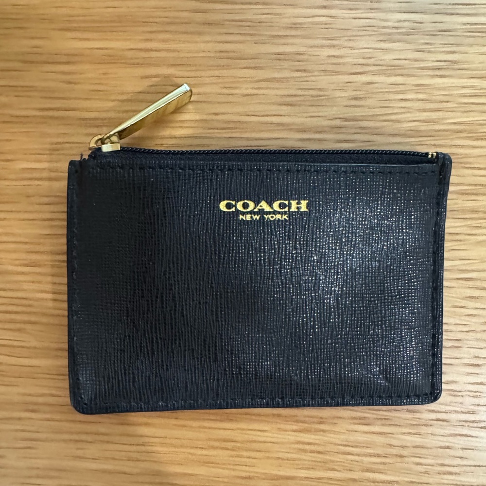 Coach Black Textured Card wallet with Gold Zipper